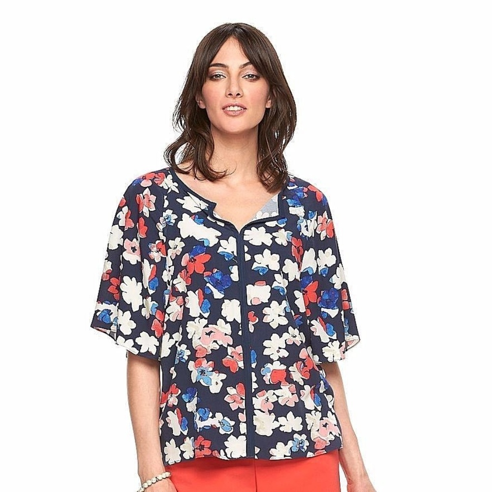 Elle Dolman Short Sleeve Top Size Large Floral Blue Red Split Neck Smocked